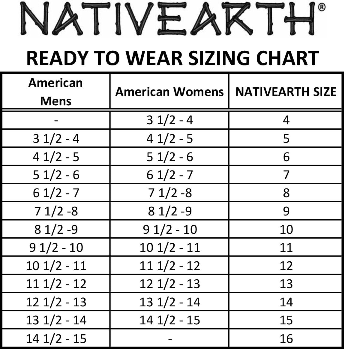 Nativearth Ready to Wear sizing chart