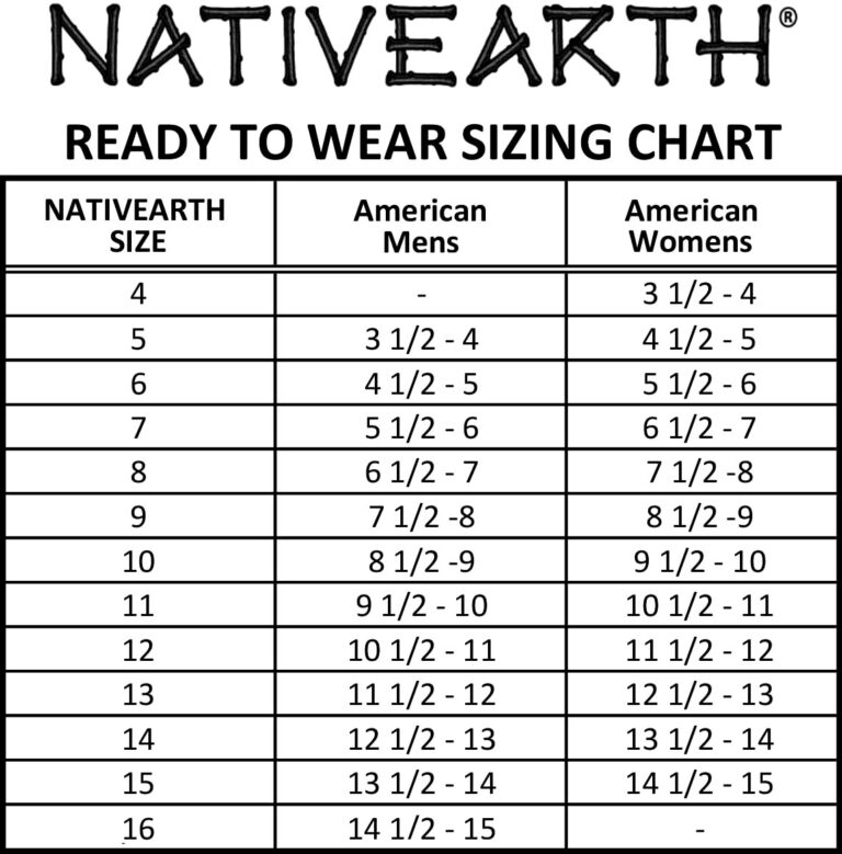 Nativearth Adult Sizing Chart 2024